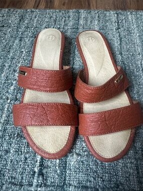 1People  Women's Rust Brown Double-Strap Slide Sandals-vegan leather